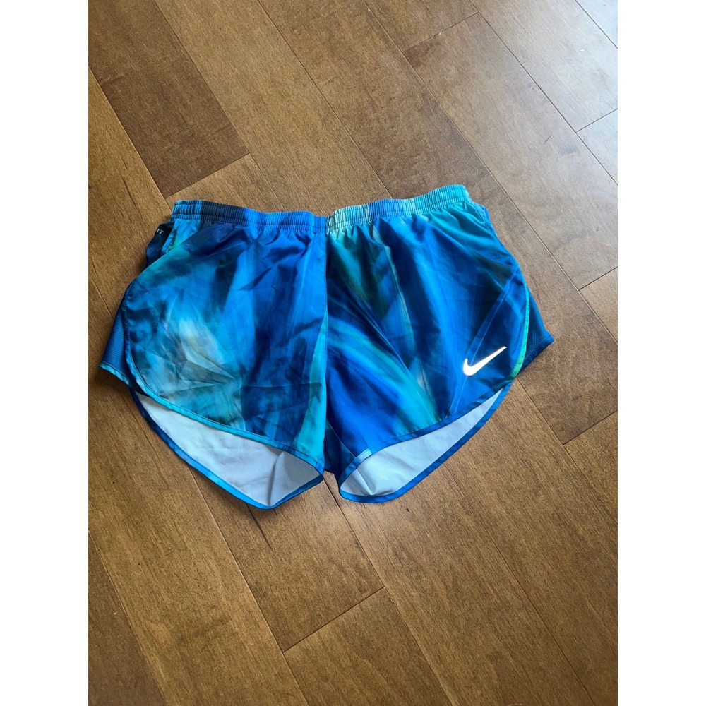 Nike Dri-FIT Womens Running Shorts Blue Teal Abstract Print Zipper Pocket Size M